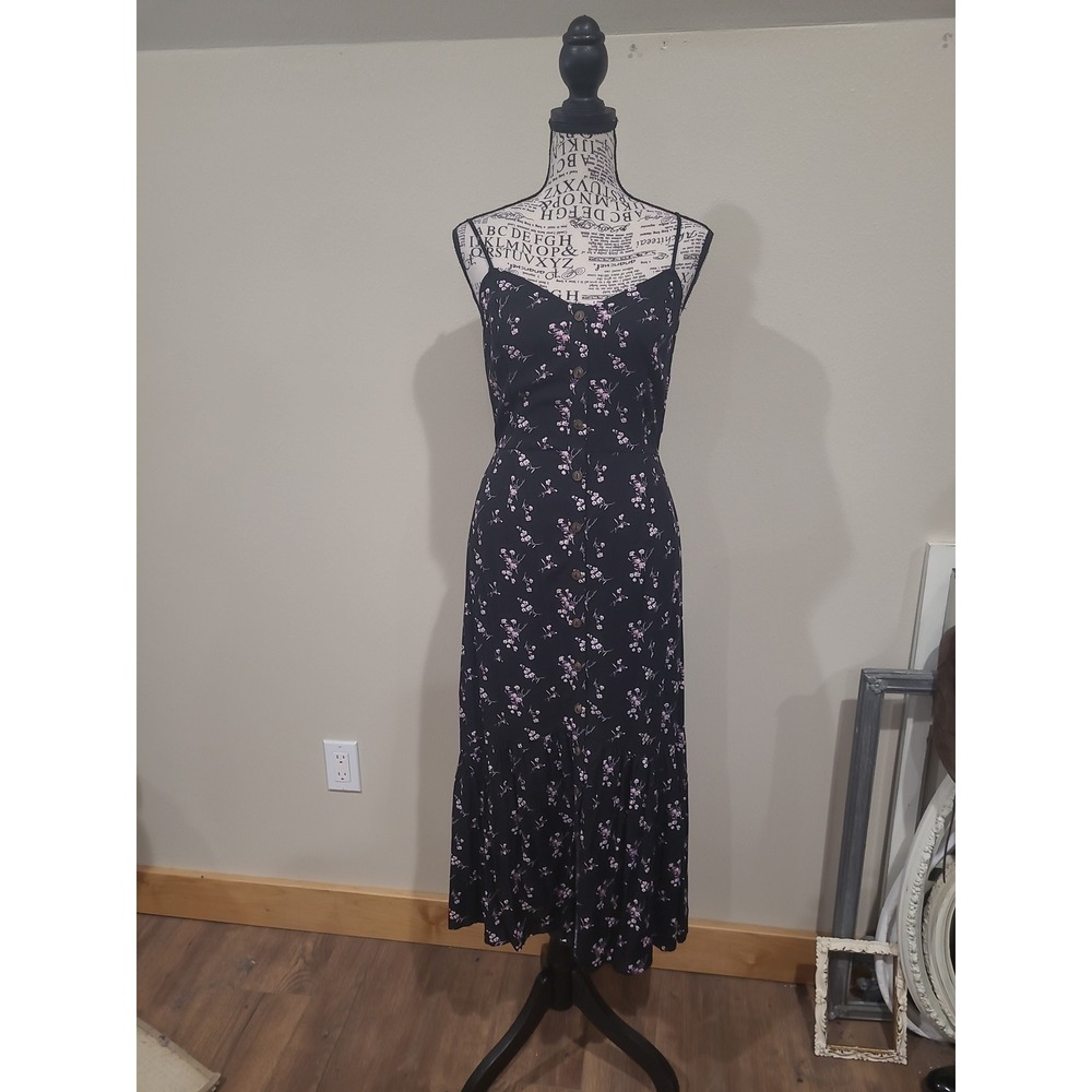 BP Cottage Core Black Floral Midi‎ Dress Women SZ XS button front coquette boho